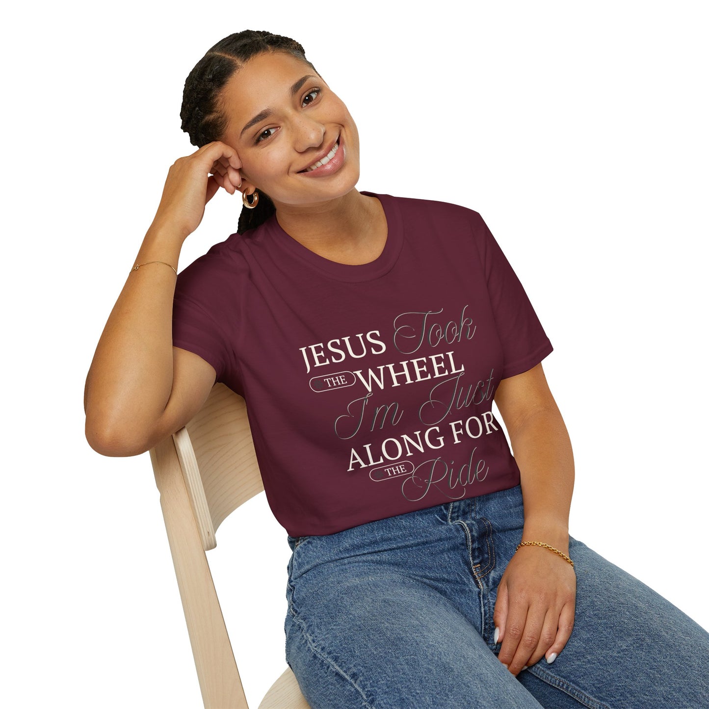 Christian Unisex Tee - Jesus Took the Wheel Design